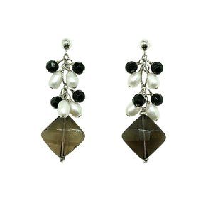 Flirty Sterling Silver Smoky Quartz Pearl Beaded Dangle Earrings